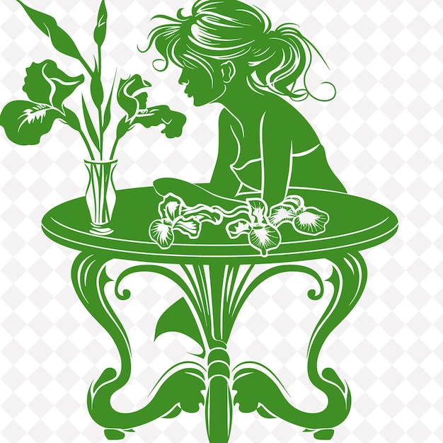 PSD une image verte et blanche d'une femme assise sur une table avec une fleur au milieu