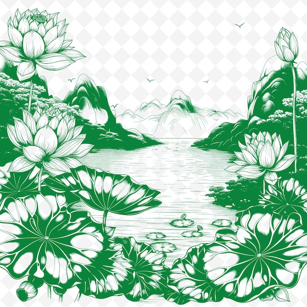 PSD une image verte et blanche de fleurs et de montagnes avec un lac en arrière-plan