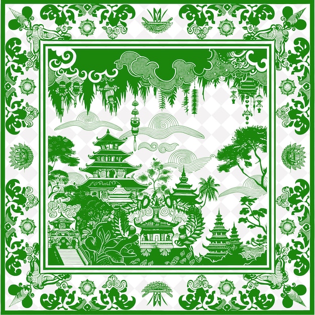 Une Image Verte Et Blanche D'un Temple Avec Des Arbres Et Des Montagnes En Arrière-plan