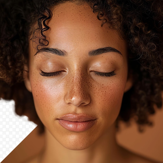 PSD image verticale d'une femme biraciale aux cheveux foncés, yeux fermés, maquillage naturel sur fond marron isolé