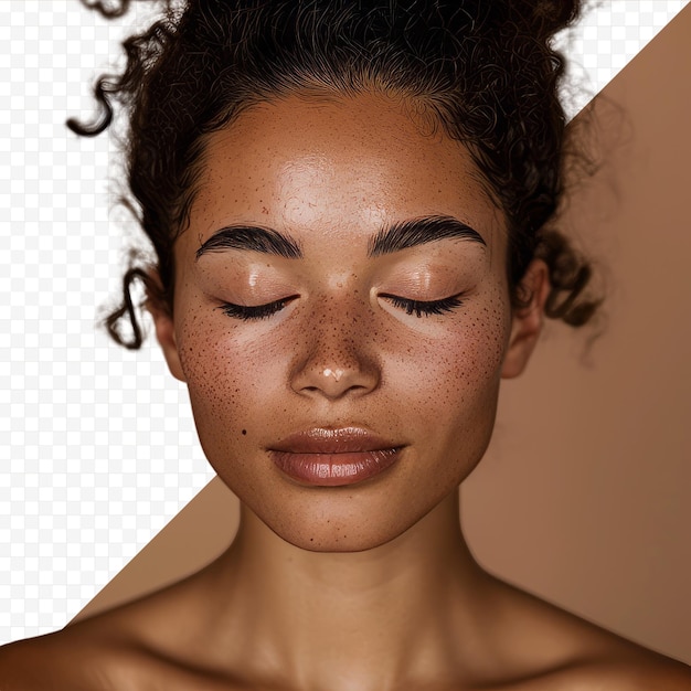 PSD image verticale d'une femme biraciale aux cheveux foncés, yeux fermés, maquillage naturel sur fond marron isolé