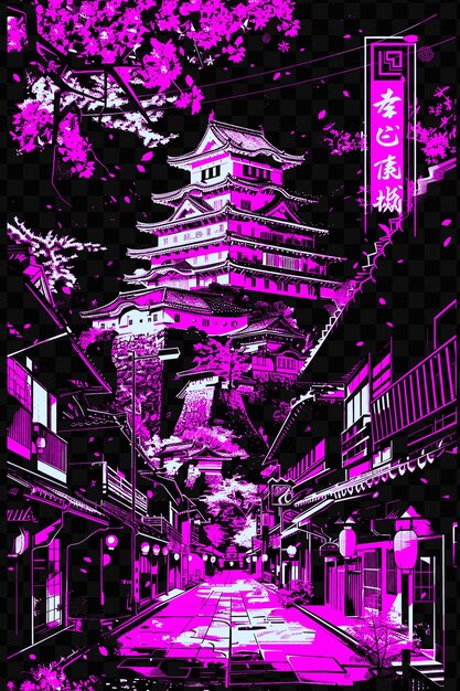 PSD une image violette et noire d'une pagode avec le mot tokyo dessus