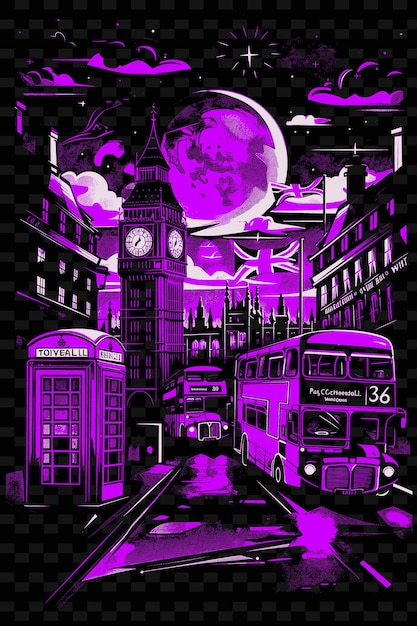 Une Image Violette Et Noire D'une Scène De La Ville Avec Un Chariot Et Un Bâtiment Avec Une Horloge