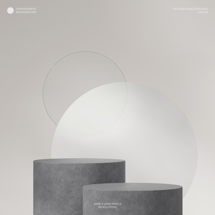 PSD imagem 3d renderiza fundo transparente de pódio de concreto cinza em quadrado com círculo branco e vidro