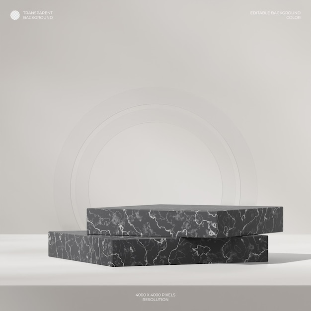 Imagem 3D renderizar fundo transparente de pódio de mármore preto em quadrado com fundo de vidro curvo