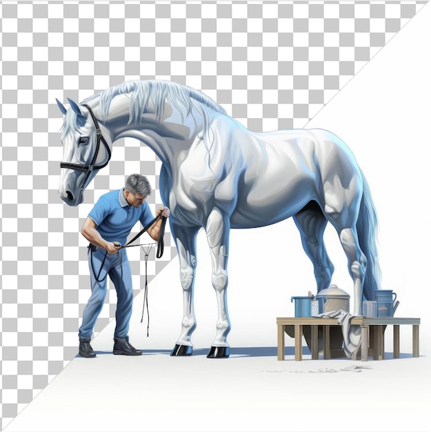 PSD imagem de desenho animado de treinador de cavalos de corrida em 3d preparando um garanhão campeão