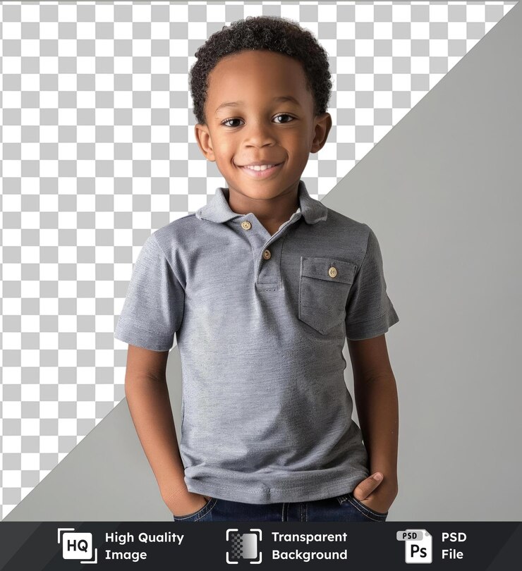 PSD imagem de psd premium transparente bonito de pé menino em camisa de polo cinza mãos nos bolsos