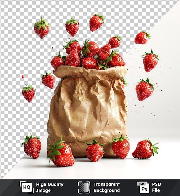 PSD imagem de psd transparente de morangos voadores em saco de papel reciclável isolado renderização 3d