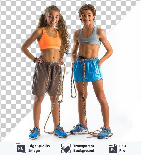 PSD imagem de psd transparente dois adolescentes felizes menino e menina com corda de salto falando e sorrindo enquanto está de pé descansando depois do treino