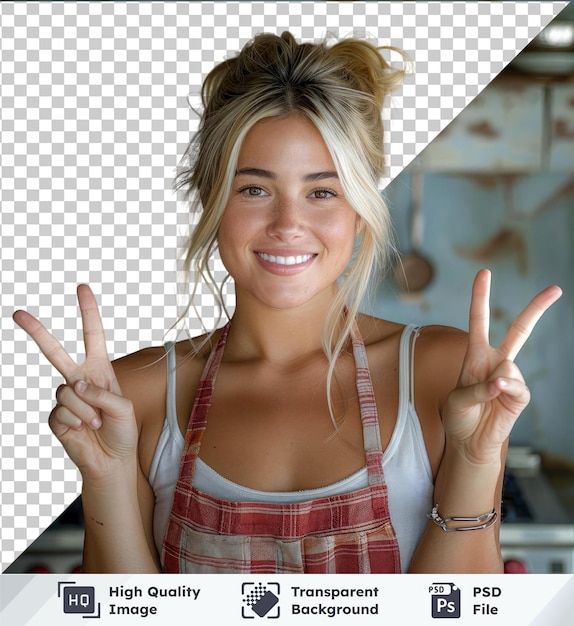 PSD imagem de psd transparente jovem loira uruguaiana cozinhando mulher sorrindo e mostrando sinal de vitória na cozinha