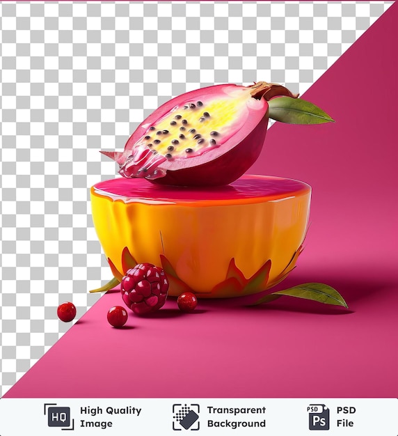 PSD imagem de psd transparente mousse de fruta da paixão exótica em uma tigela em fundo rosa