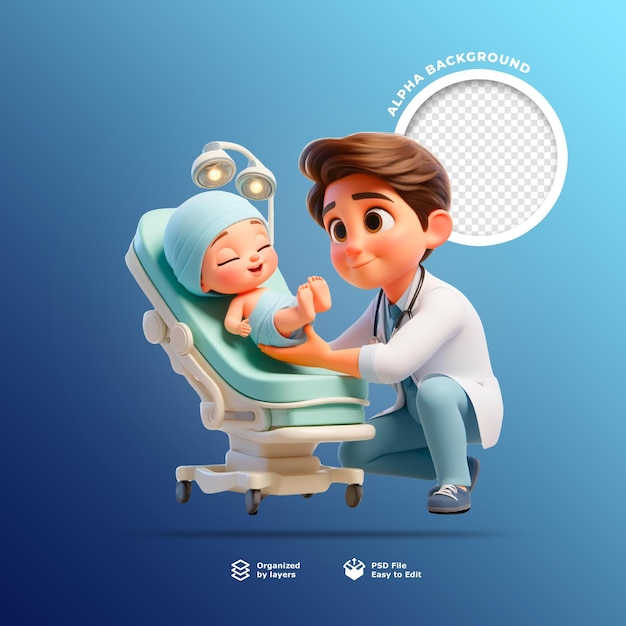 PSD imagem de um médico com um bebê bonito um pediatra 3d