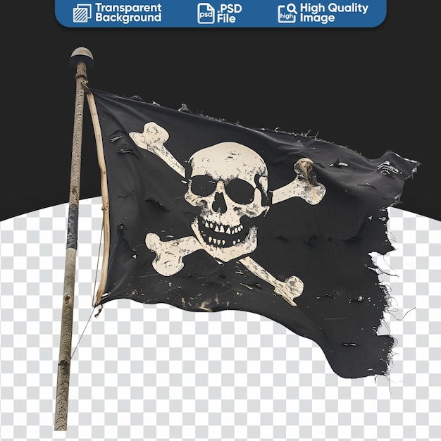 PSD imagem de uma bandeira de pirata com crânio e ossos agitando no vento.