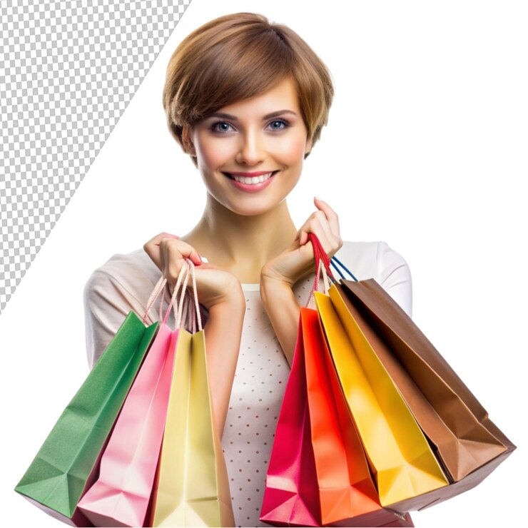PSD imagem de uma menina bonita segurando sacos de compras isolados em fundo transparente
