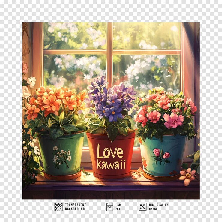 PSD imagem de vaso de flores bonito com fundo transparente colorido