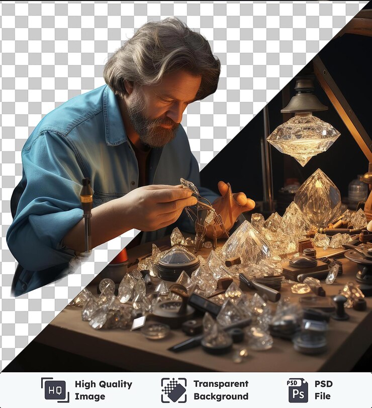 PSD imagem em psd de um joalheiro 3d examinando uma pedra preciosa