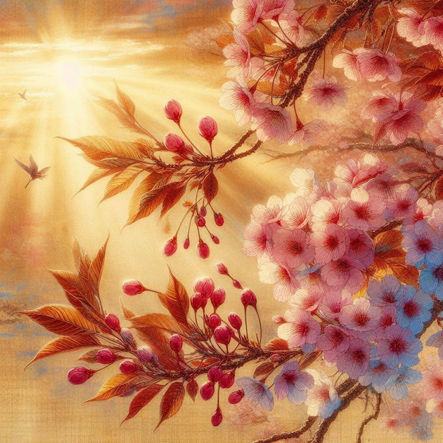 PSD imagem hiperrealista colorida primavera sakura flor de cerejeira festival manhã orvalho pôr do sol hanami vista