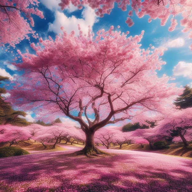 Imagem hiperrealista colorida primavera sakura flor de cerejeira festival manhã orvalho pôr do sol hanami vista