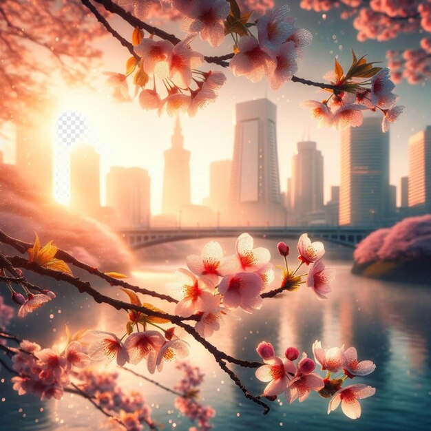 PSD imagem hiperrealista colorida primavera sakura flor de cerejeira festival manhã orvalho pôr do sol hanami vista