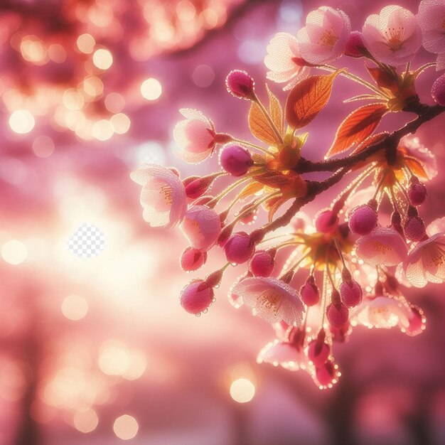 PSD imagem hiperrealista colorida primavera sakura flor de cerejeira festival manhã orvalho pôr do sol hanami vista