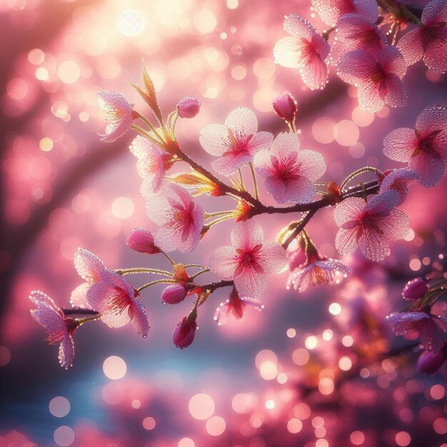 PSD imagem hiperrealista colorida primavera sakura flor de cerejeira festival manhã orvalho pôr do sol hanami vista