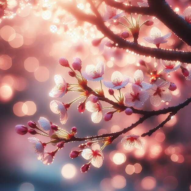 PSD imagem hiperrealista colorida primavera sakura flor de cerejeira festival manhã orvalho pôr do sol hanami vista