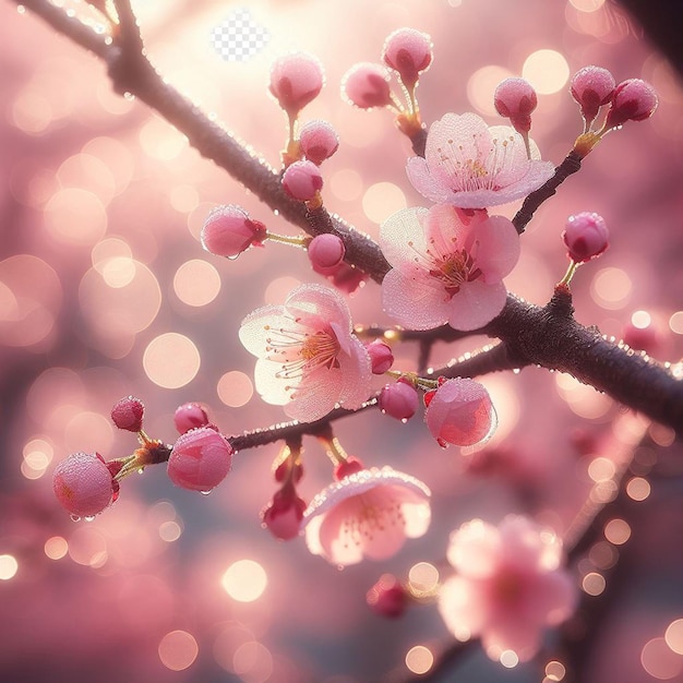 PSD imagem hiperrealista colorida primavera sakura flor de cerejeira festival manhã orvalho pôr do sol hanami vista