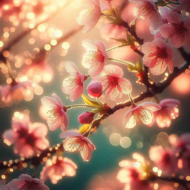 PSD imagem hiperrealista colorida primavera sakura flor de cerejeira festival manhã orvalho pôr do sol hanami vista