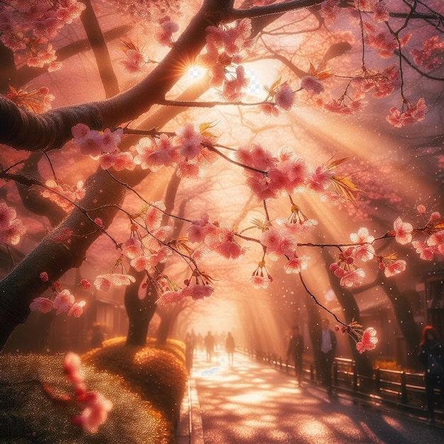 PSD imagem hiperrealista colorida primavera sakura flor de cerejeira festival manhã orvalho pôr do sol hanami vista