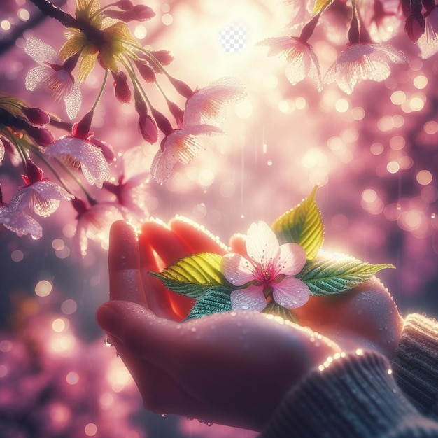 Imagem hiperrealista colorida primavera sakura flor de cerejeira festival manhã orvalho pôr do sol hanami vista