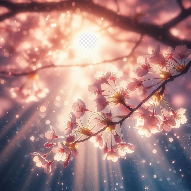 PSD imagem hiperrealista colorida primavera sakura flor de cerejeira festival manhã orvalho pôr do sol hanami vista