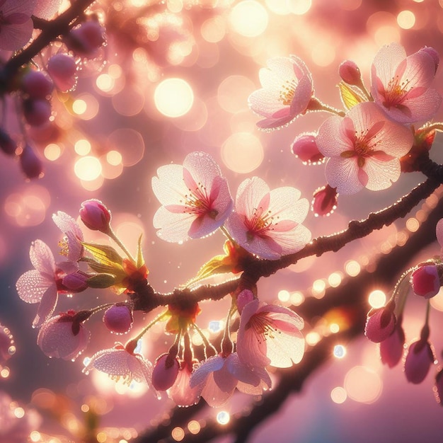 PSD imagem hiperrealista colorida primavera sakura flor de cerejeira festival manhã orvalho pôr do sol hanami vista