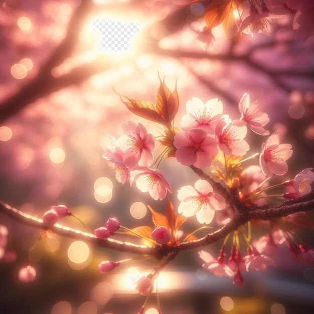 PSD imagem hiperrealista colorida primavera sakura flor de cerejeira festival manhã orvalho pôr do sol hanami vista