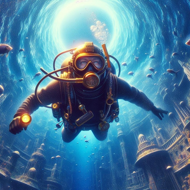 PSD imagem hiperrealista mergulhador mergulhadora explorando atlantis afundado perdido no oceano mar azul