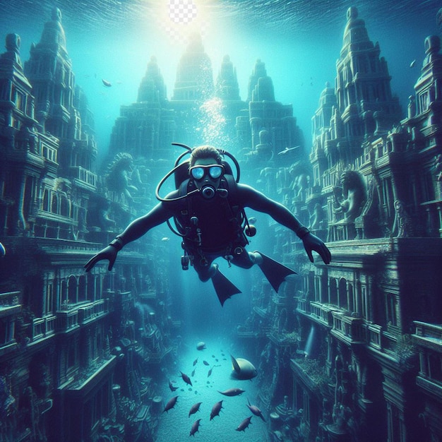 PSD imagem hiperrealista mergulhador mergulhadora explorando atlantis afundado perdido no oceano mar azul