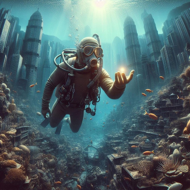 PSD imagem hiperrealista mergulhador mergulhadora explorando atlantis afundado perdido no oceano mar azul