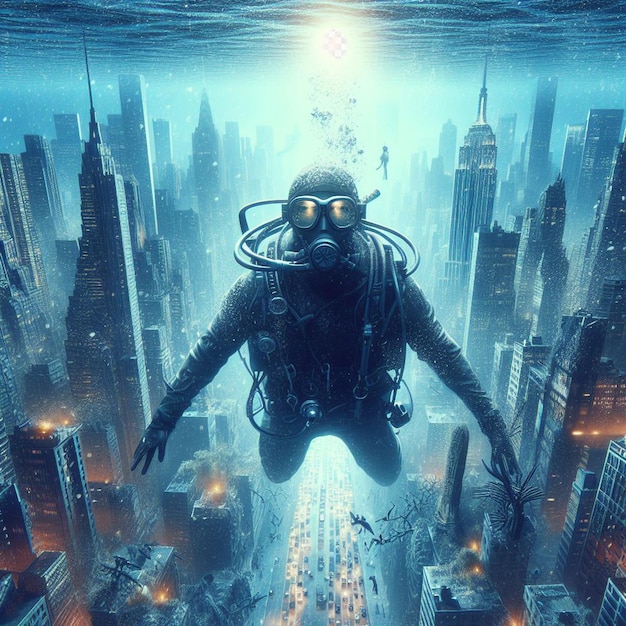 PSD imagem hiperrealista mergulhador mergulhadora explorando atlantis afundado perdido no oceano mar azul