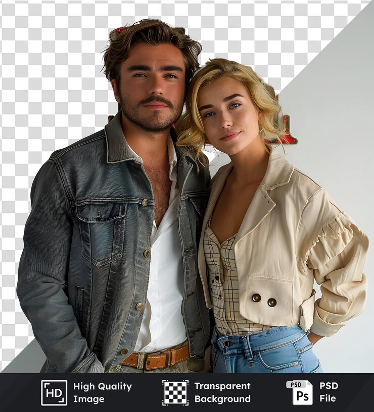 PSD imagem isolada de casal posando juntos em trajes casuais contra uma parede mostrando casaco de denim e b
