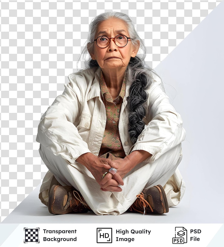 PSD imagem isolada de mulher idosa contemplando serena sentada de pernas cruzadas em roupas brancas a stil
