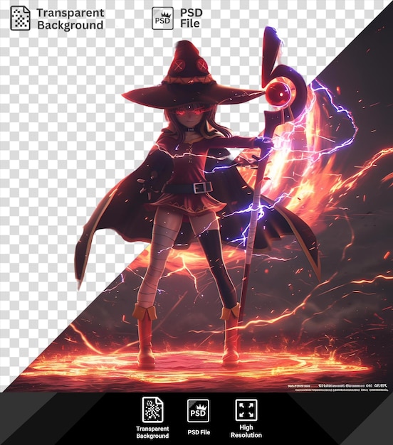 PSD imagem psd megumin de konosuban vestindo um vestido preto e chapéu com uma perna longa visível em primeiro plano