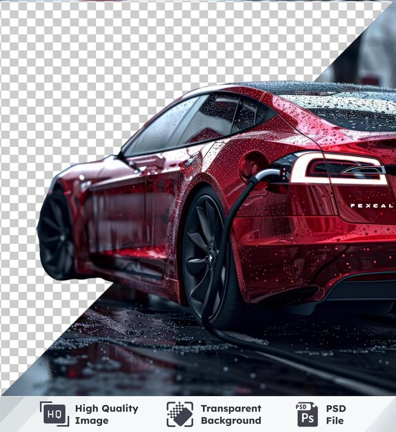 PSD imagem psd premium transparente de um carro elétrico vermelho reabastecendo com um fundo de árvore nua