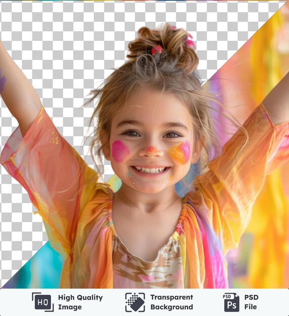 PSD imagem psd premium transparente menina sorridente com bochecha pintada levantando os braços com bandeira multicolorida no fundo