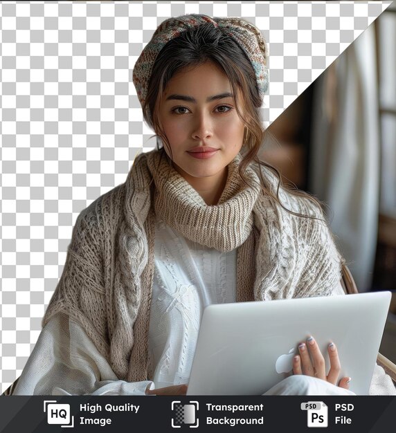 PSD imagem psd premium transparente uma mulher está sentada em uma cadeira com um laptop na frente dele