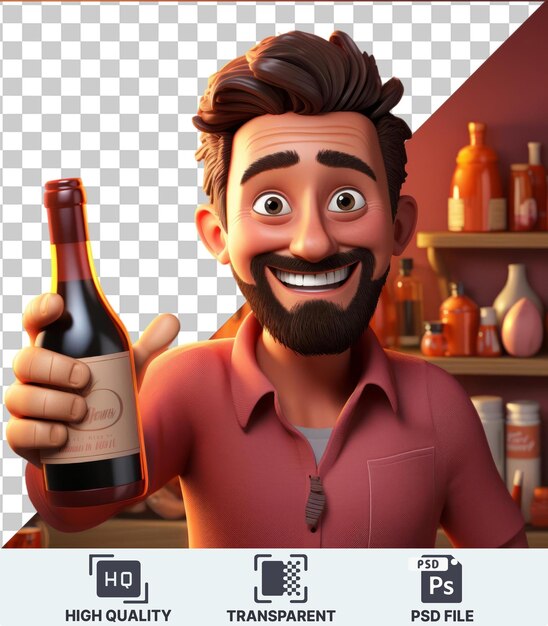 Imagem psd transparente 3d animado enólogo segurando uma garrafa de vinho animado