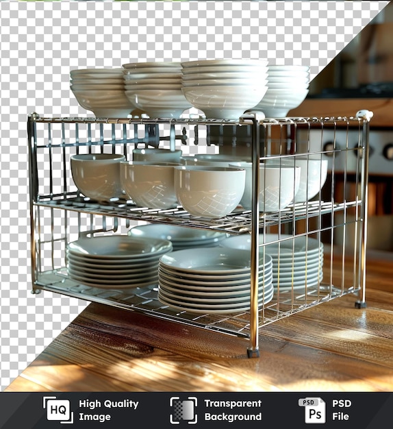 PSD imagem psd transparente de um rack de pratos com pratos brancos em uma mesa de madeira junto a uma janela verde