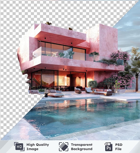 Imagem psd transparente de uma casa de luxo com árvores verdes edifício rosa cadeira azul