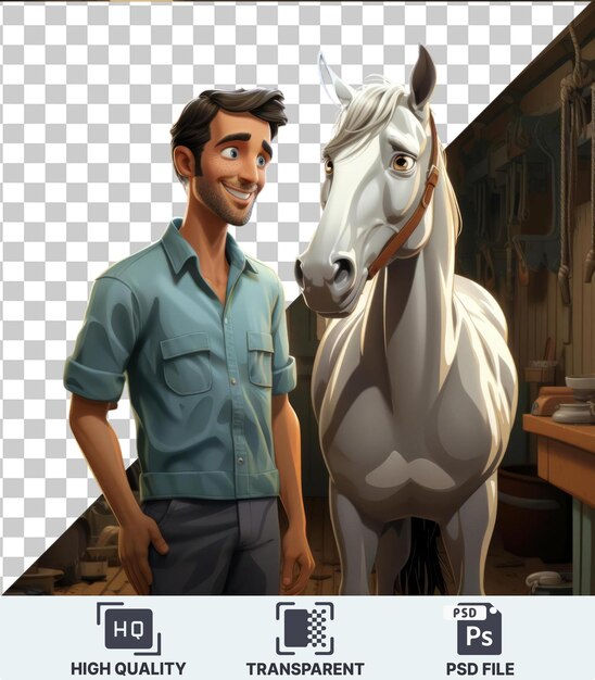 PSD imagem psd transparente desenho animado 3d de treinador de cavalos de corrida preparando um garanhão campeão