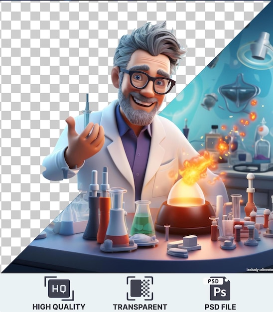 PSD imagem psd transparente desenho animado de cientista 3d conduzindo experimentos inovadores