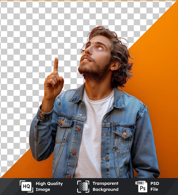 PSD imagem psd transparente jovem homem bonito de pé e apontando para o objeto no espaço de cópia vista traseira contra a parede laranja