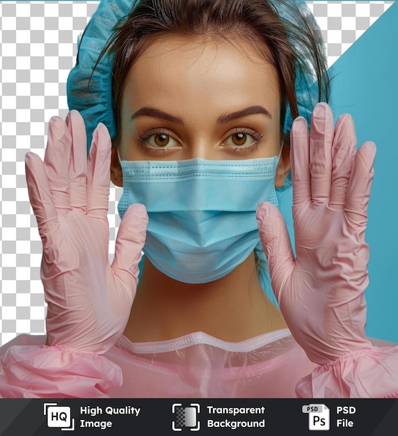 PSD imagem psd transparente menina em roupas médicas usando luvas e uma máscara mostra um sinal de proibição com cabelos castanhos sobrancelhas e olhos e uma mão rosa visível em primeiro plano